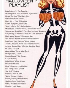 an advertisement for halloween playlist with a woman in skeleton costume and pumpkins on it