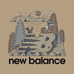 a man sitting on top of a large rock with the words new balance in front of him