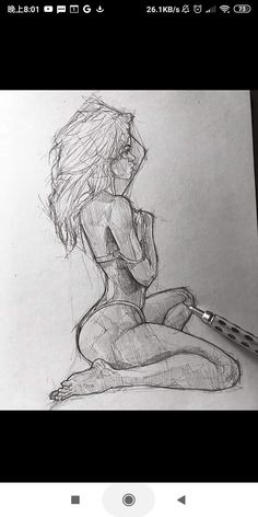 a pencil drawing of a woman sitting on the ground