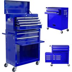 three different views of a blue tool box with wheels and drawers on each side, including the top drawer