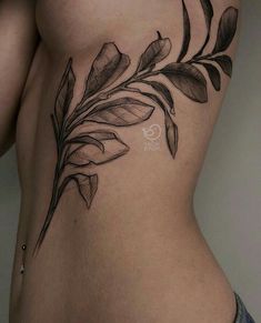 a woman's stomach with a tattoo on it that has leaves growing out of it