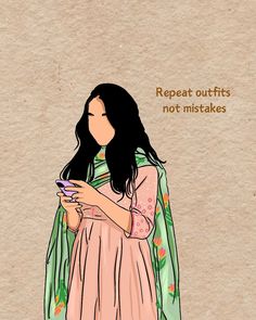 a drawing of a woman with long hair holding a cell phone and wearing a green shawl