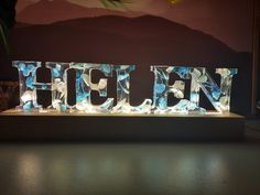 an illuminated sign that says holen in front of a mountain range with blue flowers