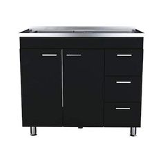 a black cabinet with two drawers and a sink