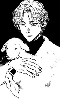 a black and white drawing of a person holding a lamb