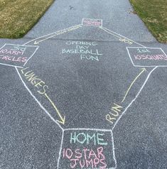 chalk writing on the sidewalk in front of a baseball field