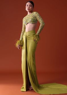 Green Draped Silk Sets, Green Bollywood Draped Set, Green Silk Pre-draped Saree For Evening, Green Draped Choli For Reception, Green Draped Lehenga For Reception, Fitted Green Draped Sets, Silk Draped Skirt With Traditional Drape For Party, Silk Draped Skirt For Party With Traditional Drape, Green Draped Party Sets