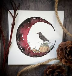 a drawing of a bird sitting on top of a pumpkin in front of a moon