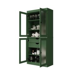 a green cabinet with dishes and cups in it