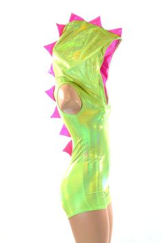 "This item is made to order, please read all the way through the listing before purchasing! This bodysuit is made of lycra spandex in a bright holographic lime green with neon pink spikes and hood lining. It shines and sparkles with every move you make! Sleeveless to beat the summer heat, spiked down the back and down the full hood, and boy cut legs. Four way stretch for a figure forming fit. This bodysuit is unlined. Please note: My mannequin does not have a head, so I used a coat hanger to hol Neon Themed Dresses, Cute Character Print Bodysuit, Festival Neon Dresses, Glow In The Dark Short Dresses, Neon Rave, Hoodie Romper, Rave Fits, Boy Cut, Rave Fashion