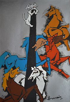 a painting of horses running around a pole