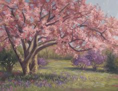 a painting of a tree with pink flowers in the foreground and green grass on the other side