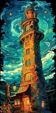 an artistic painting of a lighthouse in the night