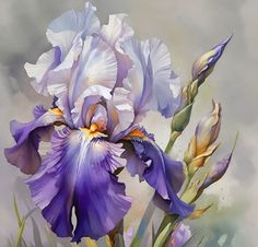 a painting of a purple and white flower with green stems in front of a gray background