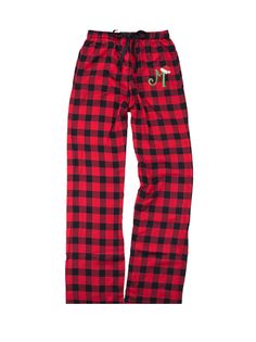 What is cozier than a pair of plaid flannels to lounge in? Personalize them for the holidays with a Santa Hat hanging over your monogram. Your one-of-a-kind pants will be monogrammed with your initial in kelly green. Cotton Sisters is known for our quality products and these pajama pants are amazing! 100% double-brushed cotton flannel Pants come embroidered with the monogram initial of your choice Drawcord Elastic Waistband Unisex Fit - Full Length Side Pockets Cottons Sisters is known for quali Christmas Flannel Pants, Monogram Kids, Christmas Flannel, Matching Family Christmas Pajamas, Terry Robe, Family Pajama Sets, Plaid Christmas Tree, Christmas Monogram, Flannel Pants