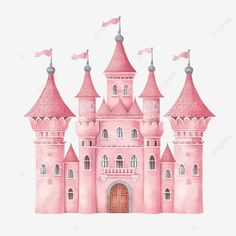 a pink princess castle with flags flying on the roof and two towers, transparent png