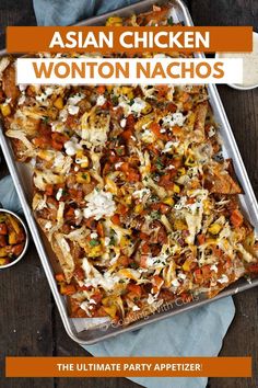 These Asian Chicken Wonton Nachos are the ultimate appetizer recipe! Wonton chips are topped with shredded Asian flavored-chicken, Jack cheese, and papaya-mango salsa, then drizzled with a creamy garlic-lime sauce for a flavor explosion of epic proportions! Wonton Nachos, Flavored Chicken, Asian Marinade, Wonton Tacos, Wonton Chips, Chicken Wontons, Meat Appetizers, Supper Ideas