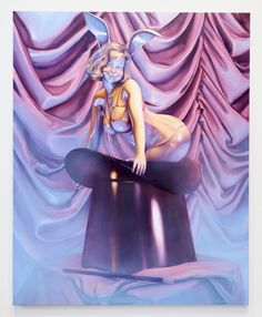 a painting of a woman in bunny ears sitting on a stool with purple curtains behind her