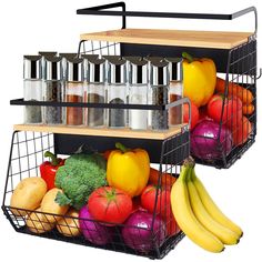 two metal baskets filled with different types of fruits and vegetables on top of each other