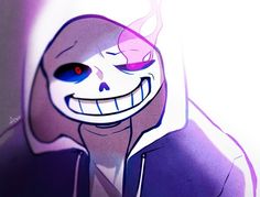 a cartoon character with blue eyes and purple hair, smiling at the camera while wearing a hoodie