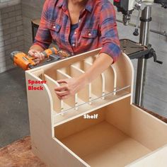 a woman is working on a cabinet with tools in her hands and the words spacer blocks above it