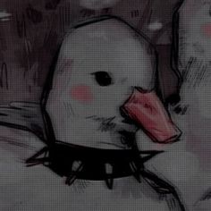 a drawing of a duck with a collar around it's neck and two other ducks in the background