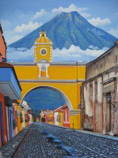 a painting of a clock tower on the side of a building with a mountain in the background