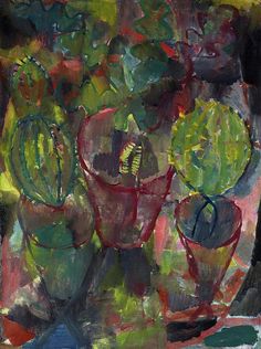 an abstract painting of flowers and plants in vases on a red tablecloth with green leaves