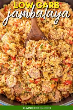 low carb jamadaya in a skillet with a wooden spoon on the side