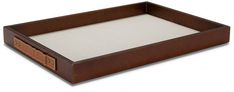 a wooden tray with white linen in the bottom and brown trim around the edges, on a white background