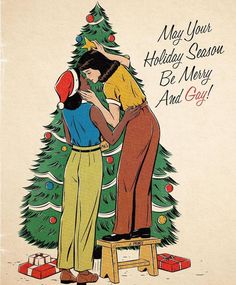 an old fashioned christmas card features two women decorating a tree with presents on it