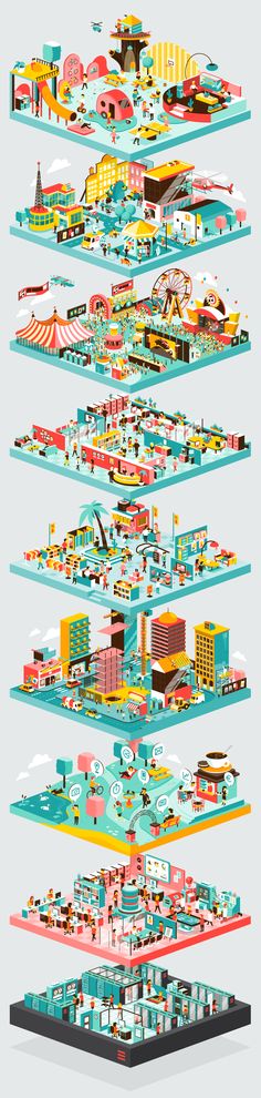 a series of illustrations depicting the different types of buildings and streets in an urban area