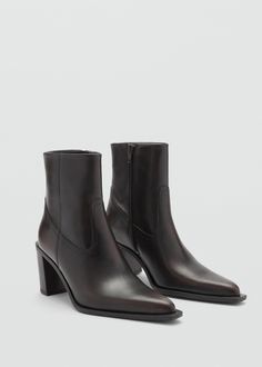 Leather ankle boots with block heel - Women | MANGO USA Leather Boots Women Heels, Black Cowboy Boots Ankle, Office Boots For Women, Office Boots, Womens Black Ankle Boots, Kitten Heel Boots, Brown Leather Ankle Boots, Mango Outlet, Brown Booties