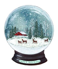 a snow globe with reindeers and a red barn in the background, surrounded by trees