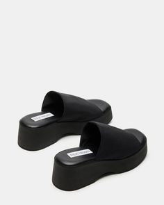 Modern Slip-on Platform Sandals, Modern Black Wedge Sandals With Textured Sole, Slip-on Platform Sandals In Synthetic Material, Trendy Synthetic Wedge Sandals With Textured Sole, Slip-on Synthetic Platform Wedge Sandals, Slip-on Platform Wedge Sandals In Synthetic, Synthetic Slip-on Platform Wedge Sandals, Black Platform Sandals Outfit, Platform Sandals Outfit