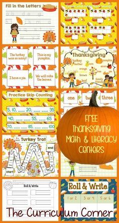 the free thanksgiving math and literacy centers for kids to practice their writing skills with pumpkins