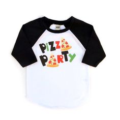 a white and black shirt with pizza party on it