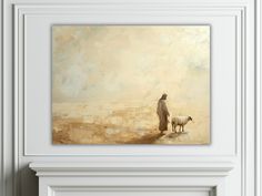 a painting of a man standing next to a sheep