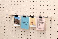 Elevate your Pegboard Panel with our sleek Photo Holder accessory. Designed specifically for our Quark Pegboard type with 6.1mm diameter holes and 30mm center distance, this stylish addition is perfect for showcasing your favorite photos, recipes, or inspirational quotes. 📸✨ Crafted with a stainless steel bar, two durable solid beech wood pieces, and two stainless steel pins, the photo holder system is both functional and elegant. Whether you're looking to share ideas, host a creative workshop, Modular Wall Shelf, Pegboard Wall, Carpentry Workshop, Best Hacks, Wall Photo, Modular Walls, Stainless Steel Rod, Photo Holder, Stainless Steel Bar