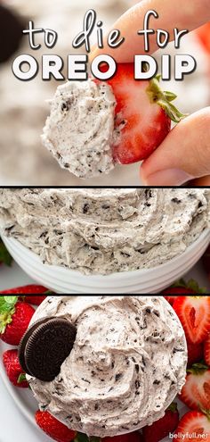 two pictures showing how to make oreo dip with strawberries on top and cookies in the middle