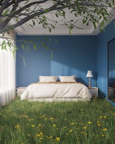 a bedroom with blue walls and green grass