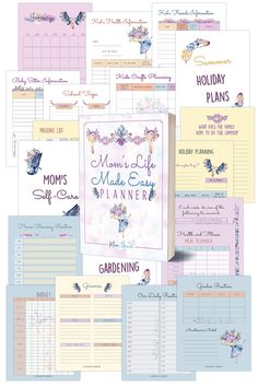 a variety of planner pages with flowers and butterflies on the front, in pastel colors