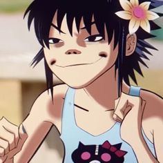 an anime character with black hair wearing a blue tank top and flower in her hair