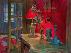 a painting of vases and flowers on a table in front of a red wall