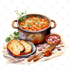 a painting of a pot full of beans and bread on a table with utensils