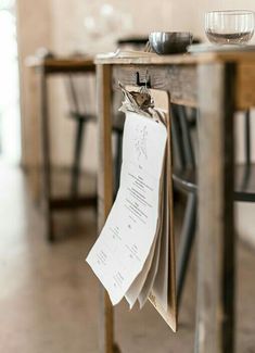 a table with some papers hanging from it