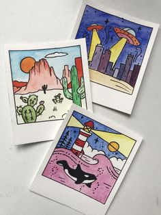 three cards with different pictures on them