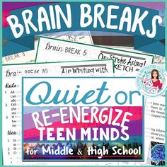 a bunch of papers that have been placed on top of each other with the words, brain breaks quiz or re - energize teen minds for middle and high school