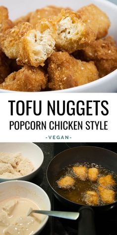 tofu nuggets in a white bowl with sauce on the side next to other foods