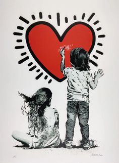 a drawing of two children looking at a heart with the word love written on it